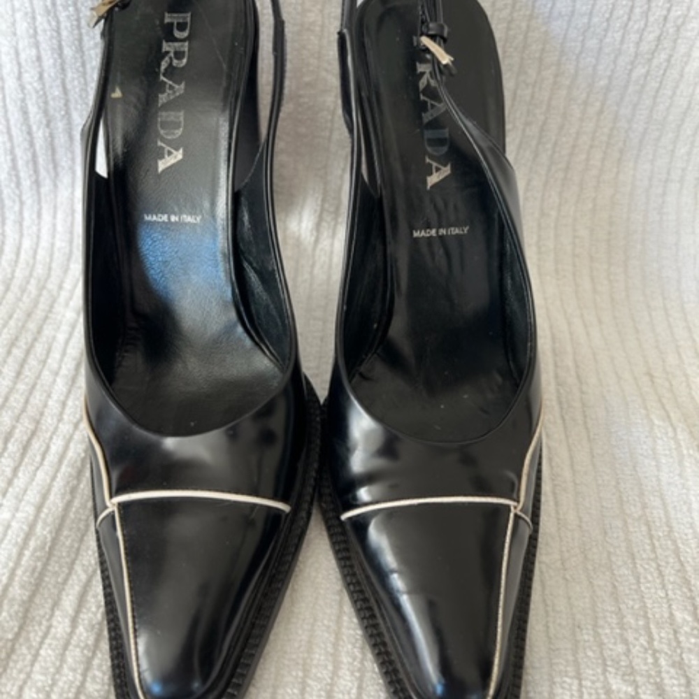 Prada Black White Leather Piped Perch Platform Slingbacks